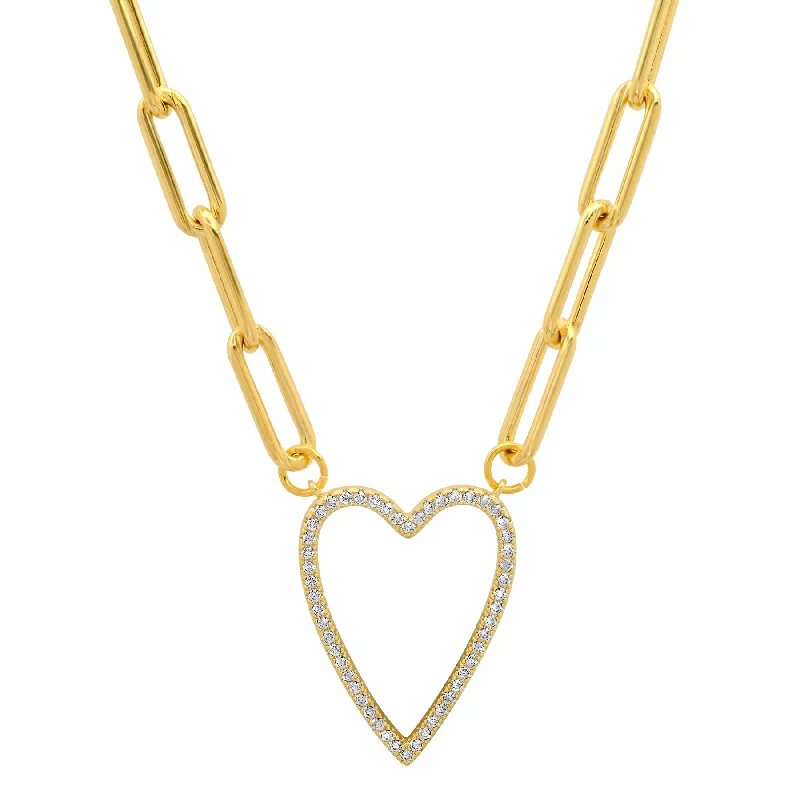 Women’s sparkling diamond necklace-OPEN HEART PAPER CLIP CHAIN CZ GOLD