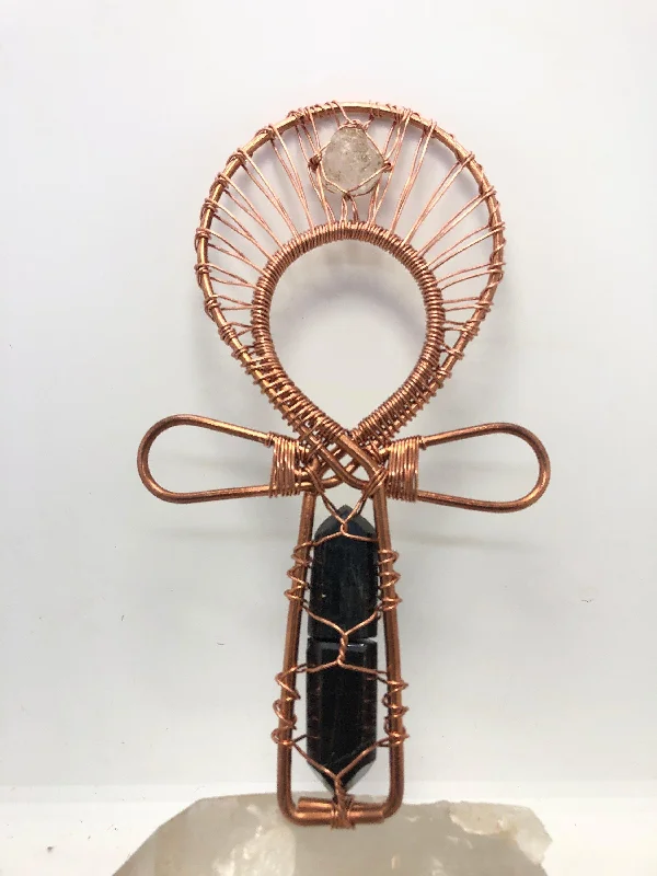 Women’s engagement ring with a halo-Black Tourmaline and Hematite Towers and Herkimer Diamond Copper Ankh