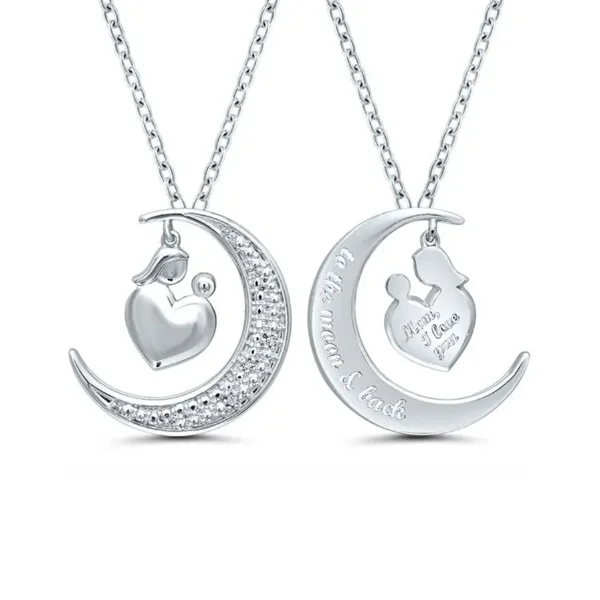 Women’s romantic necklace-Crescent Moon Diamond Dangling Family Heart Pendant