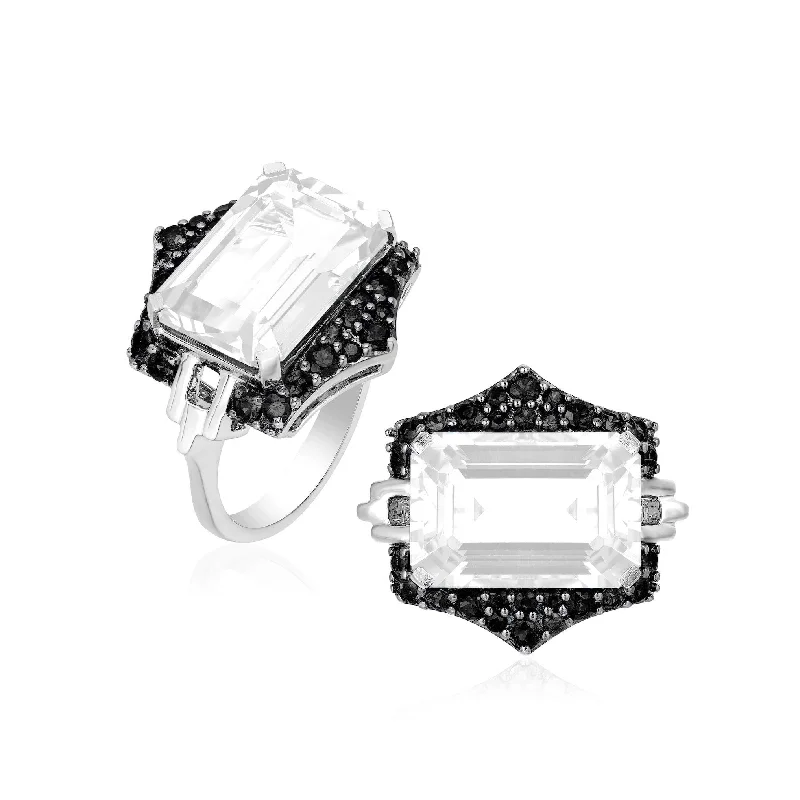 Women’s diamond solitaire engagement ring-Moon Quartz Emerald-Cut Ring with Black Diamonds