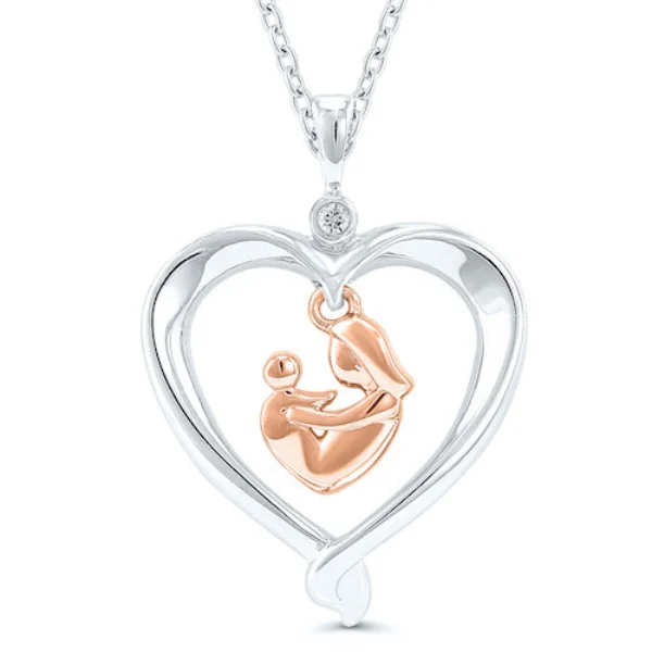 Women’s romantic heart necklace-Two-Tone Heart Mother and Child Diamond Pendant