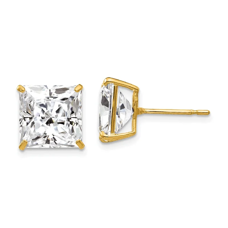 Women’s circular earrings-14KT Yellow Gold 10MM Square Cubic Zirconia Stud Earrings