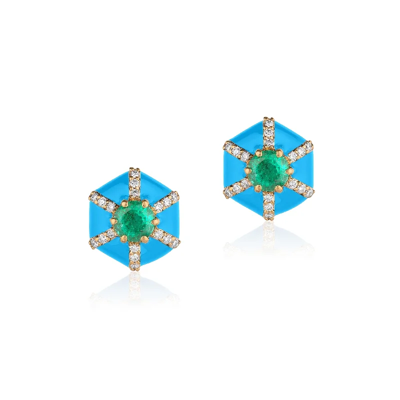 Women’s sapphire and diamond engagement ring-Turquoise Hexagon Studs with Diamonds