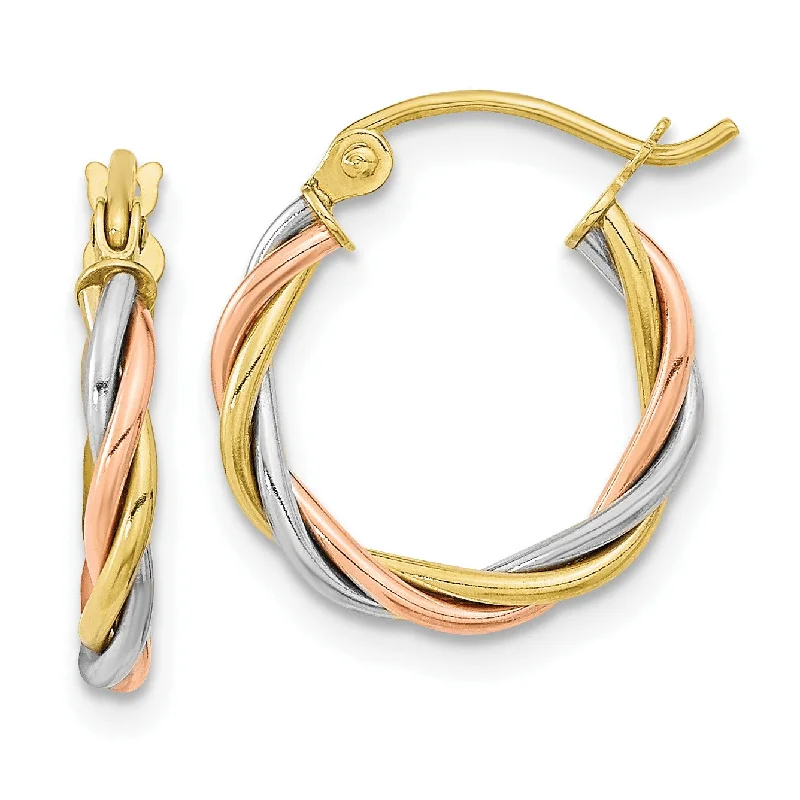 Women’s drop earrings-10KT Gold Tri-Color 2.5X15MM Twist Hoop Earrings