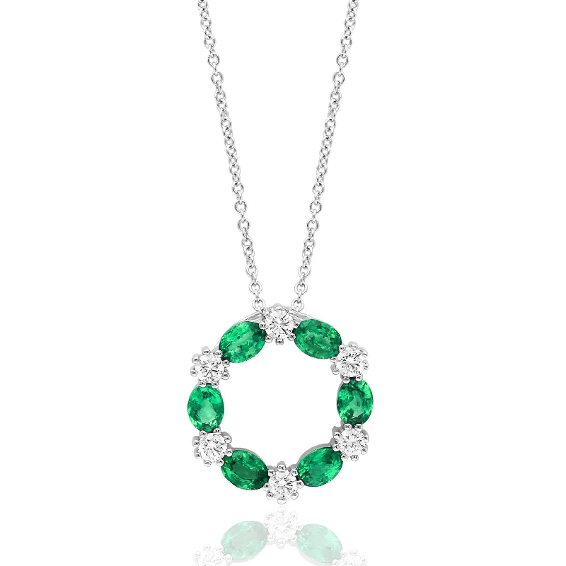 Women’s diamond pendant necklace-14K White Gold Emerald and Diamond Wreath Pendant with Adjustable Chain