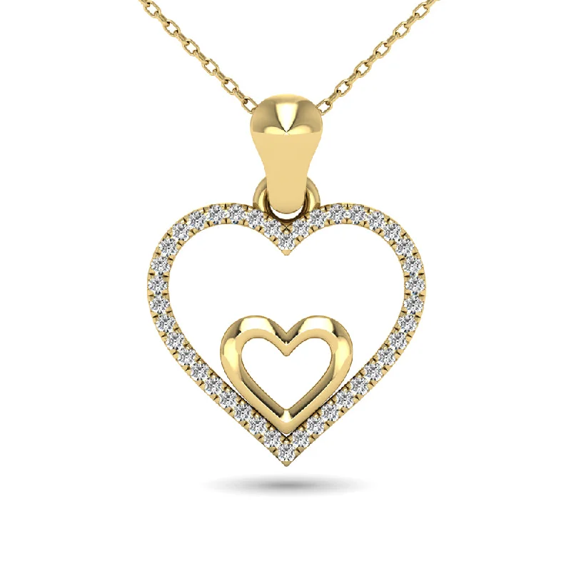 Women’s silver pendant necklace-10K Yellow Gold 1/10 Ctw Diamond Double Heart Pendant