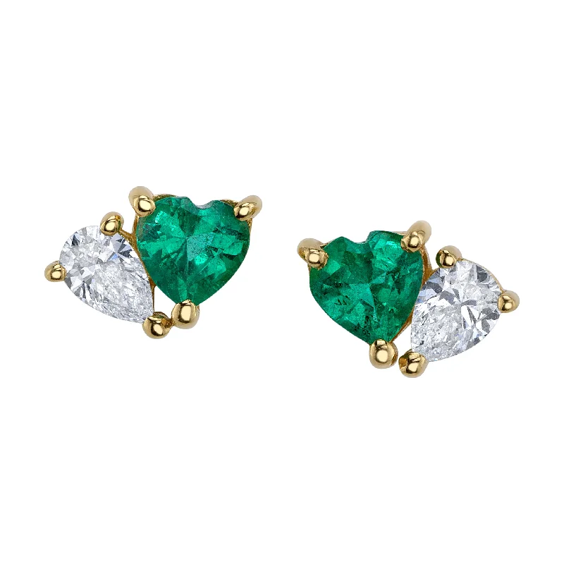 Women’s elegant diamond engagement ring-Diamond Teardrop Emerald Heart Studs, Pair