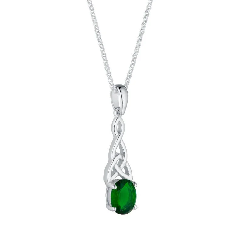 Women’s statement jewelry necklace-Sterling Silver Green Crystal Trinity Knot Drop Pendant with Chain - S46967