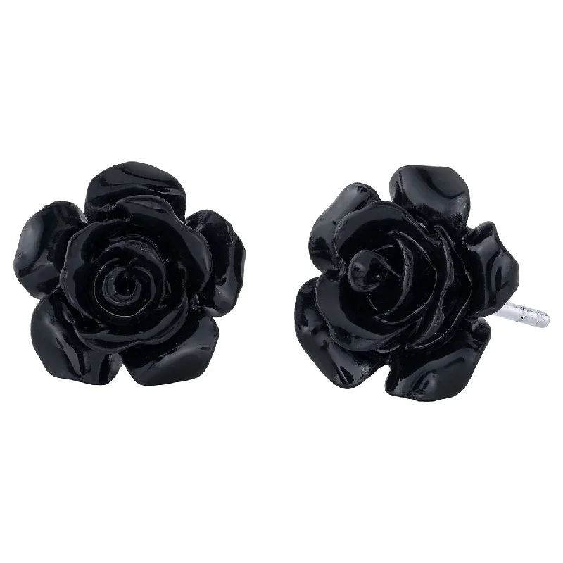 Women’s silver hoop drop earrings-RockLove Jewelry XV Black Rose Earrings