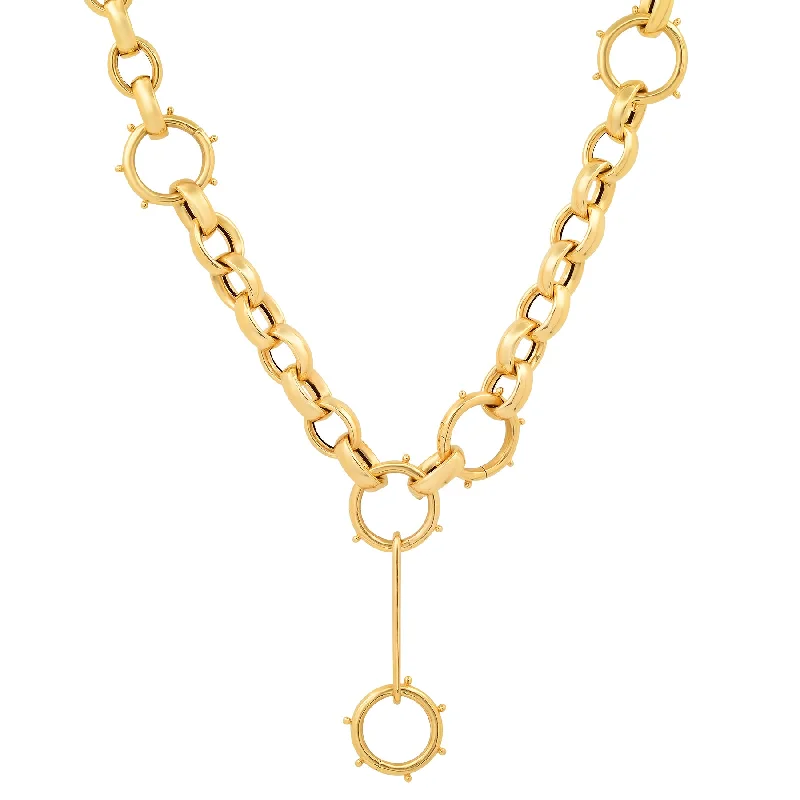 Women’s emerald necklace-OVAL ROLO LINK CHAIN W/ TRIPLE SHIP WHEEL ENHANCERS, 14kt GOLD