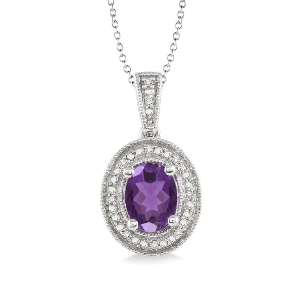 Women’s silver necklace-Sterling Silver Oval Amethyst and Diamond Halo Pendant