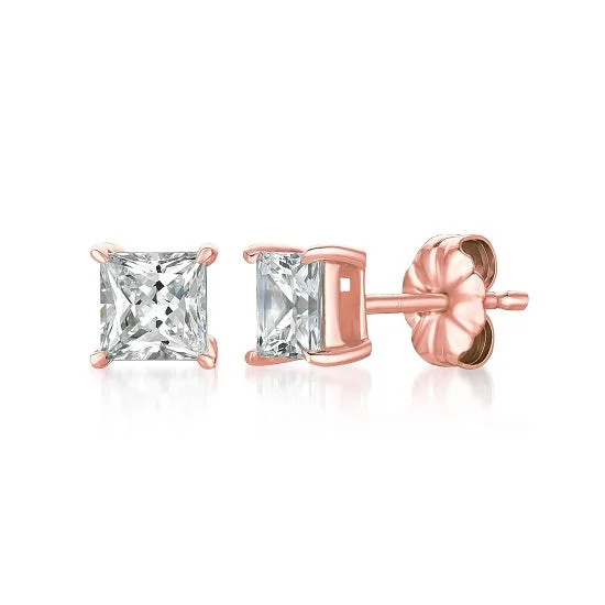 Women’s elegant drop earrings-Crislu 18KT Rose Gold Plated Sterling Silver Princess Cut Cubic Zirconia Stud Earrings