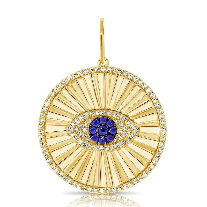 Women’s diamond necklace-14K Yellow Gold Diamond+Sapphire Evil Eye Halo Pendant