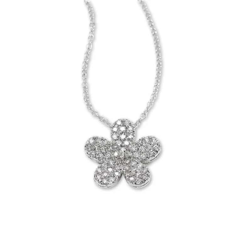 Women’s birthstone necklace-Pavé Diamond Flower Pendant, 14K White Gold