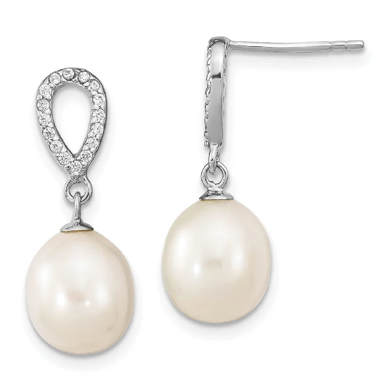 Women’s vintage gold earrings-Sterling Silver 8X9MM Pearl and Cubic Zirconia Drop & Dangle Earrings