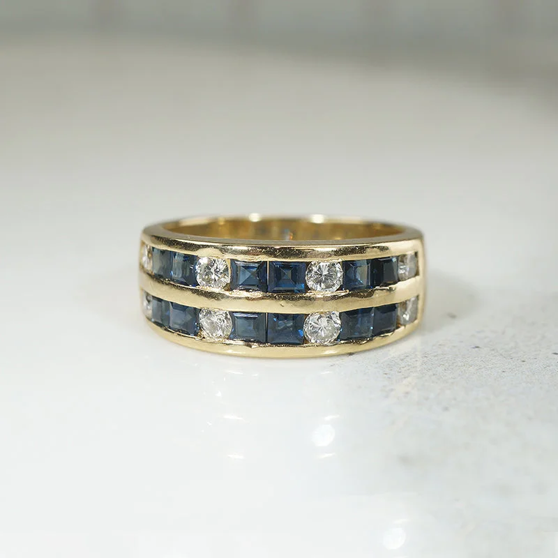 Women’s modern engagement ring-Channel Set Sapphire & Diamond 18k Gold Band