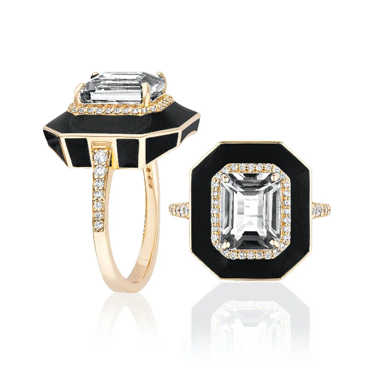 Women’s unique engagement ring-Queen Crystal Emerald-Cut Enamel Ring with Diamonds