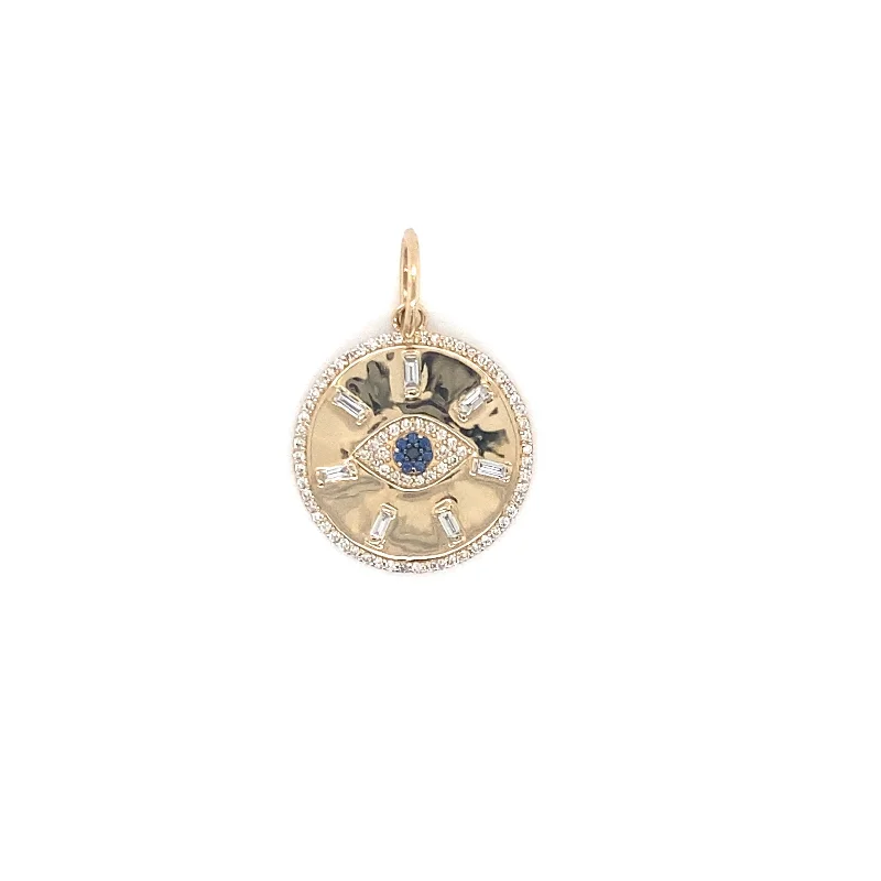 Women’s necklace set-14K Yellow Gold Diamond + Sapphire Evil Eye Disc Pendant