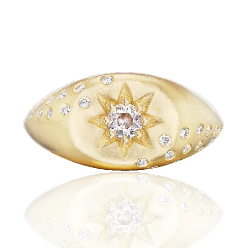 Women’s round halo engagement ring-Victorian Star Signet Ring with Diamonds