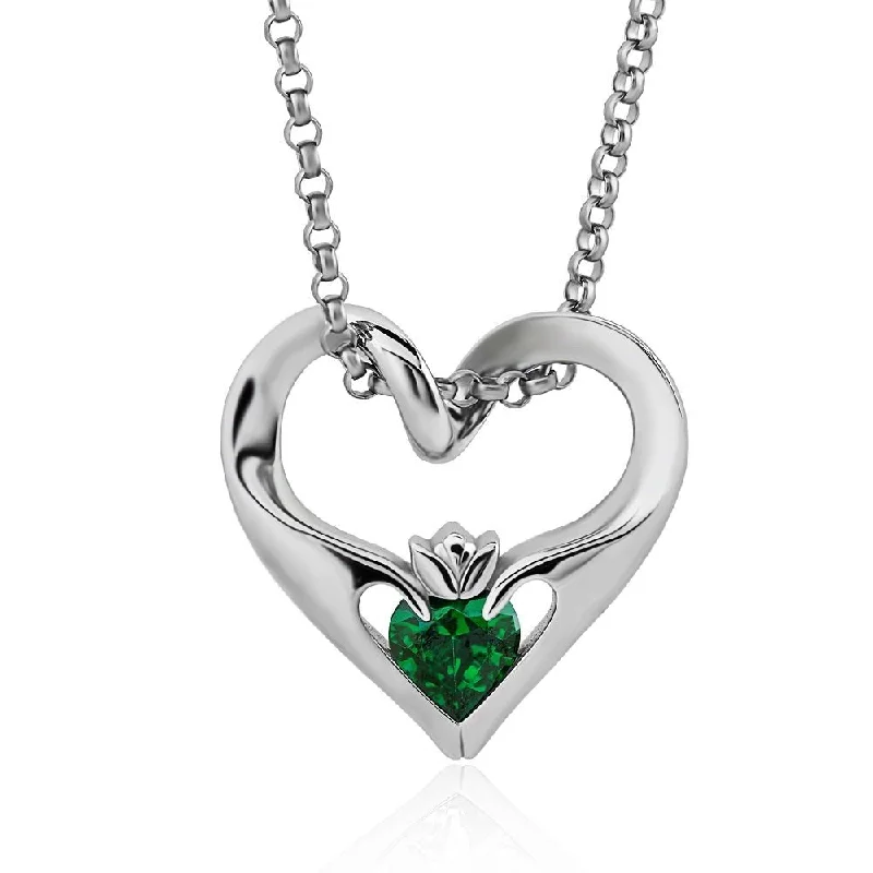 Women’s anniversary necklace-Sterling Silver Green CZ UPS-16435GR w/Chain Ladies Modern Floating Claddagh Pendant