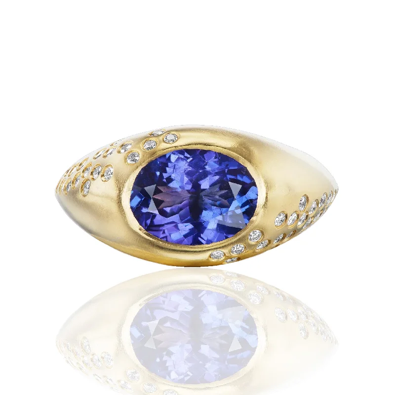 Women’s modern engagement ring-Tanzanite Oval Signet Ring with Diamonds