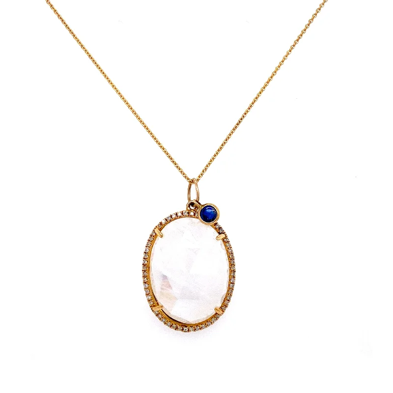 Women’s delicate necklace-14K Yellow Gold Round Diamond + Oval Rainbow Moonstone & Sapphire Pendant