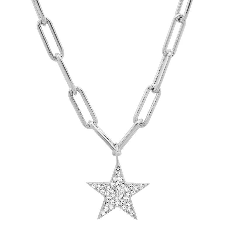 Women’s delicate chain necklace-PAVE CZ STAR PAPERCLIP CHAIN SILVER