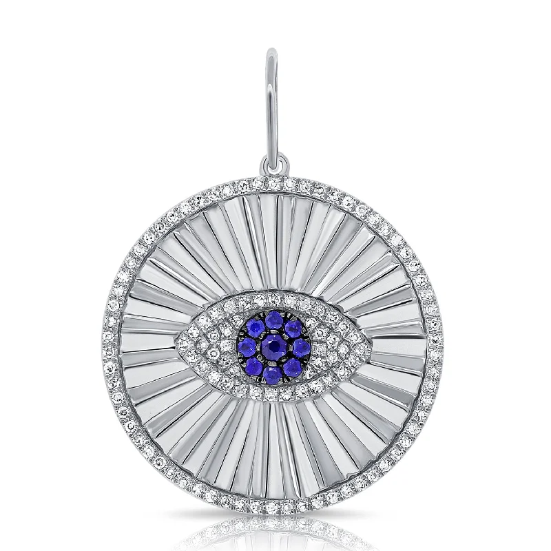 Women’s silver necklace-14K White Gold Diamond+Sapphire Evil Eye Halo Pendant