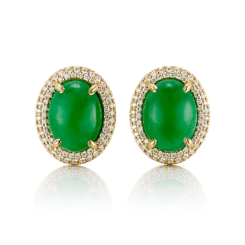 Women’s colorful gemstone earrings-Apple Green Jade Cabochon & Diamond Earrings