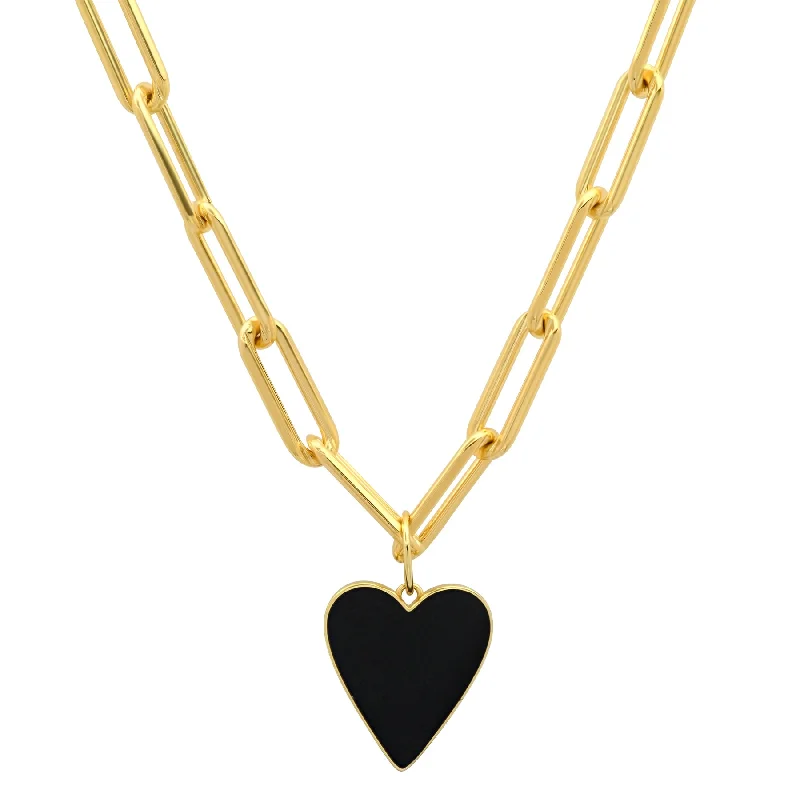 Women’s vintage gold necklace-REVERSIBLE B & W HEART PAPERCLIP CHAIN GOLD