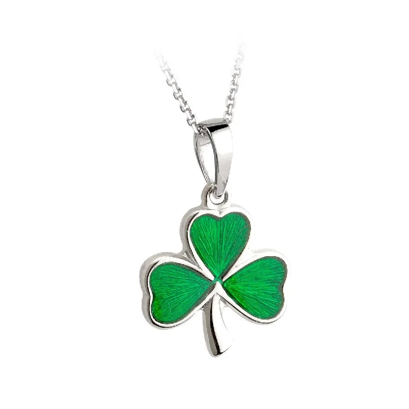 Women’s custom gold necklace-Sterling Silver Green Enamel Shamrock Pendant with Chain - S4619