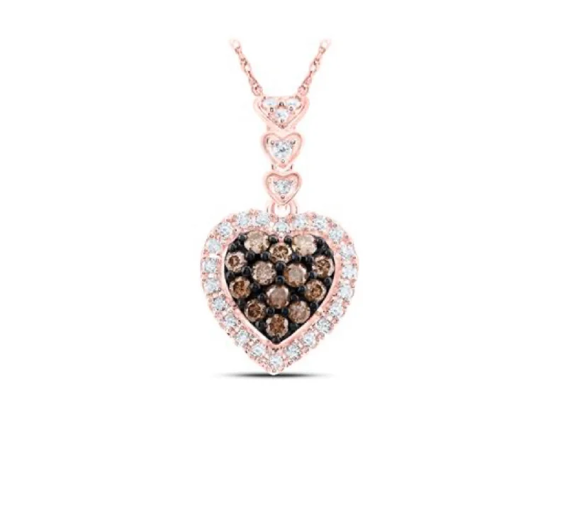 Women’s romantic heart necklace-10K ROSE GOLD ROUND BROWN DIAMOND HEART PENDANT 1/2 CTTW