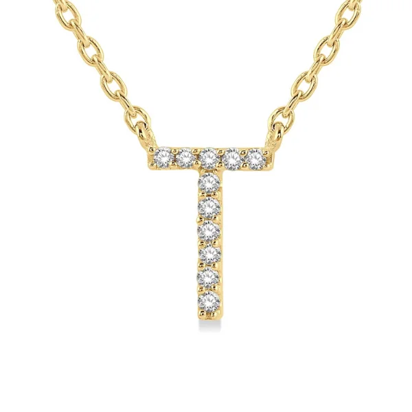 Women’s gold necklace-1/20 ctw Initial 'T' Round Cut Diamond Pendant With Chain in 10K Yellow Gold