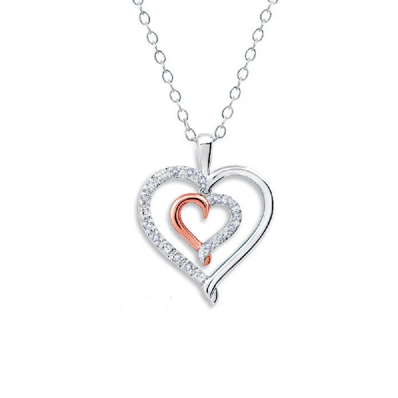 Women’s silver necklace-Double Diamond Heart Pendant in Sterling Silver and Rose Gold Plating