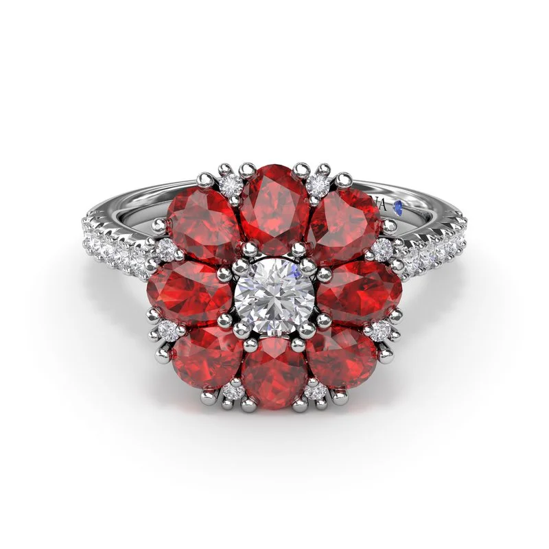 Women’s classic sapphire engagement ring-Ruby and Diamond Cluster Flower Ring R1873R