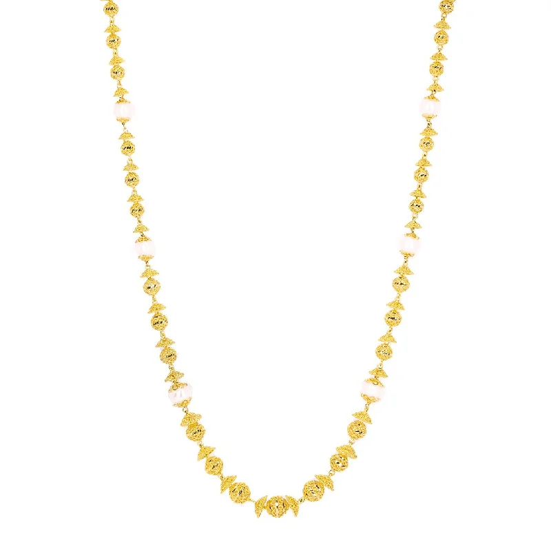 Women’s minimal gold necklace-22K Yellow Gold Chain W/ Pearls & Textured Gold Balls