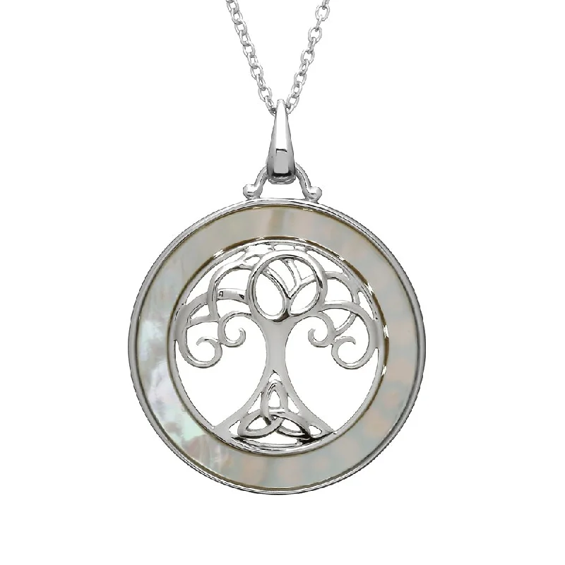 Women’s engraved pendant necklace-Sterling Silver Mother of Pearl Tree of Life Pendant with Chain - ANU1188