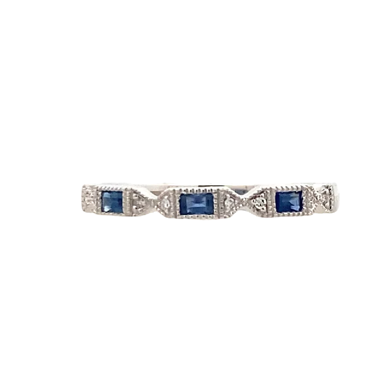 Women’s emerald diamond engagement ring-Baguette Sapphire and Diamond Band in White Gold