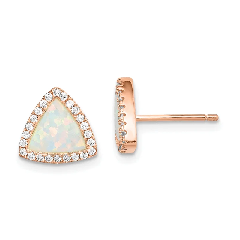 Women’s elegant earrings-Rosetone Sterling Silver Trillion Opal and Cubic Zirconia 10MM Halo Stud Earrings