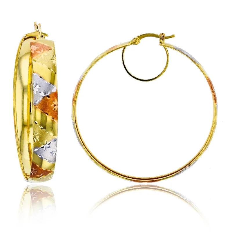 Women’s drop earrings-14KT Gold Tri-Color 45X6.5MM Hoop Earrings