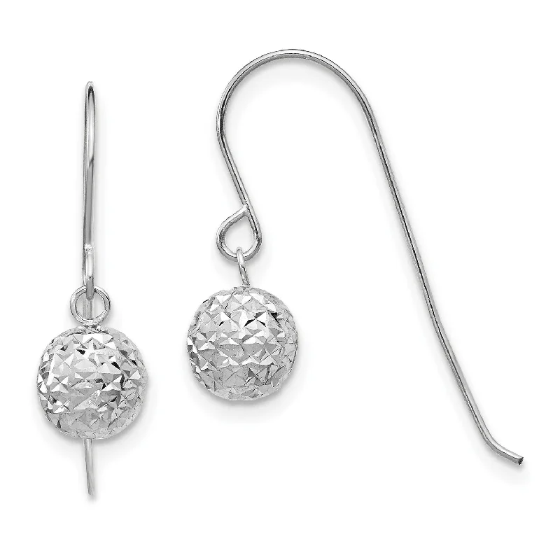 Women’s gold hoop drop earrings-14KT White Gold 18X6MM Diamond-cut Ball Drop & Dangle Earrings