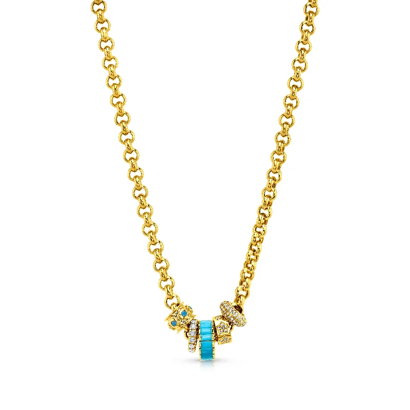 Women’s engraved gold necklace-4MM ROLO CHAIN & TURQUOISE BEADS, 14kt GOLD