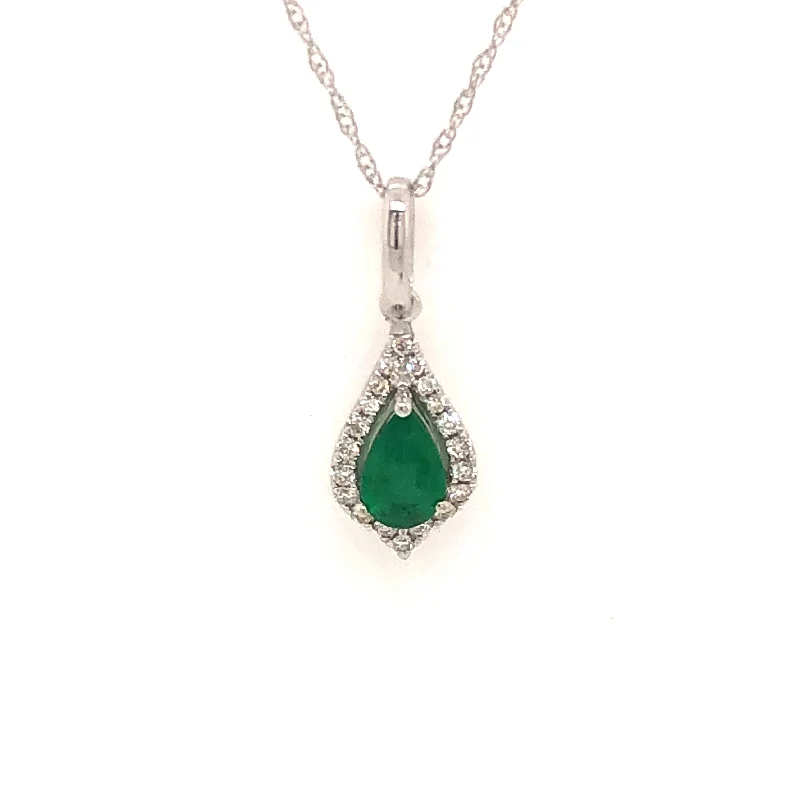 Women’s sparkling diamond necklace-14k White Gold 0.48ctw Pear Shape Emerald and Diamond Pendant