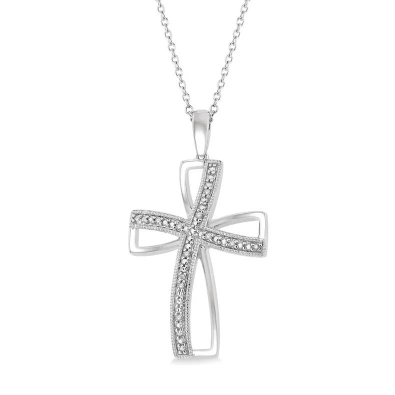 Women’s cubic zirconia necklace-1/50 Ctw Cross Charm Round Cut Diamond Pendant With Chain in Sterling Silver