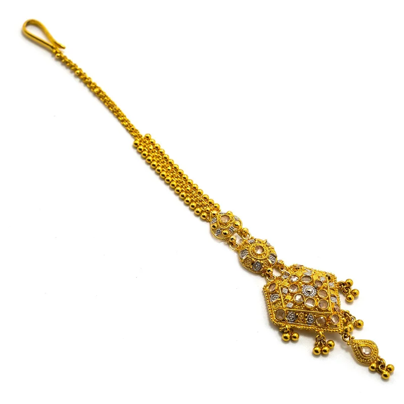 Women’s diamond pendant necklace-22K Multi Tone Gold Tikka W/ Hanging Ball Accents & Diamond Shaped Pendant