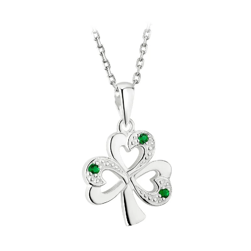 Women’s classy necklace-Sterling Silver Shamrock Pendant with Green CZ Stone with Chain - S44558