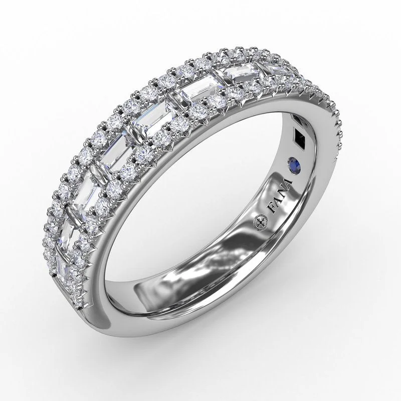 Women’s solitaire engagement ring-Three-Row Round and Baguette Diamond Band R2050