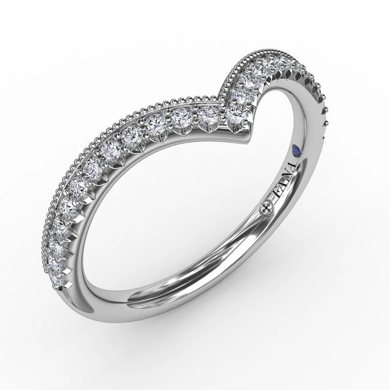 Women’s radiant cut engagement ring-French Pave Chevron Diamond Band with Milgrain Edging W7313