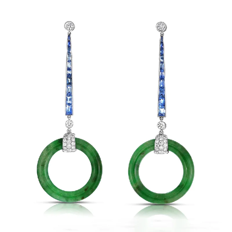 Women’s stacked earrings-Circular Jade with Sapphire & Diamond Earrings