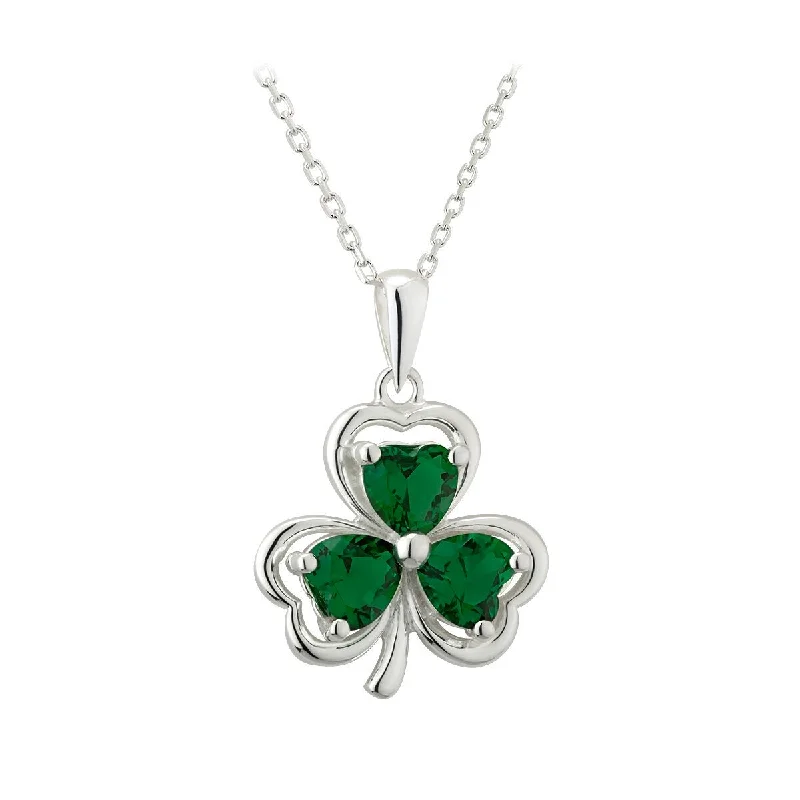 Women’s ruby necklace-Sterling Silver Shamrock Pendant with Green CZ Stones with Chain - S46359